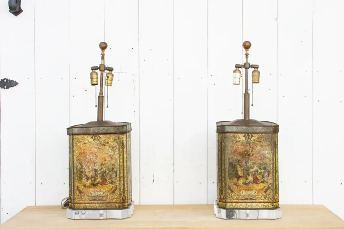 Pair of Antique Painted Canister Lamps - de-cor