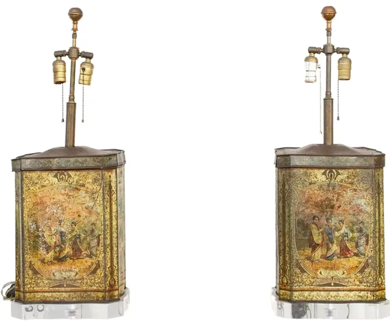 Pair of Antique Painted Canister Lamps - de-cor