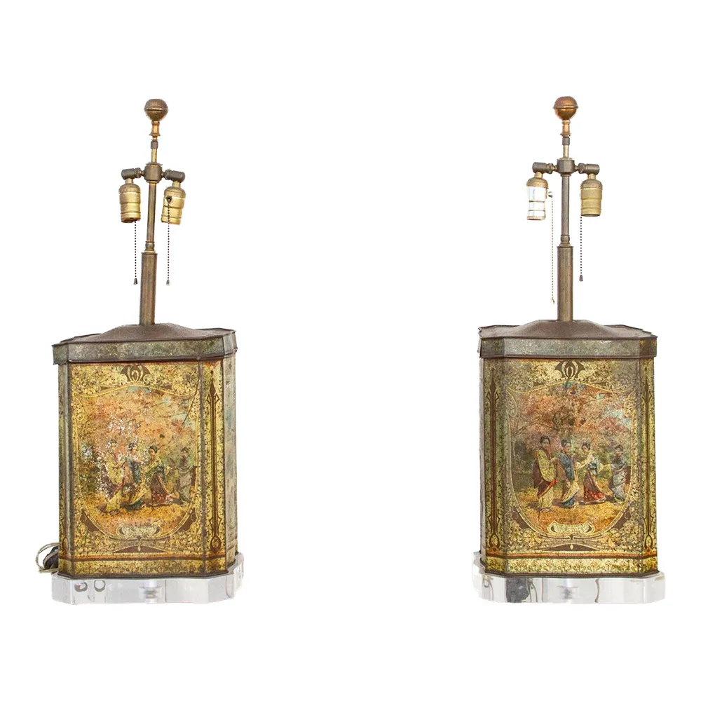 Pair of Antique Painted Canister Lamps - de-cor