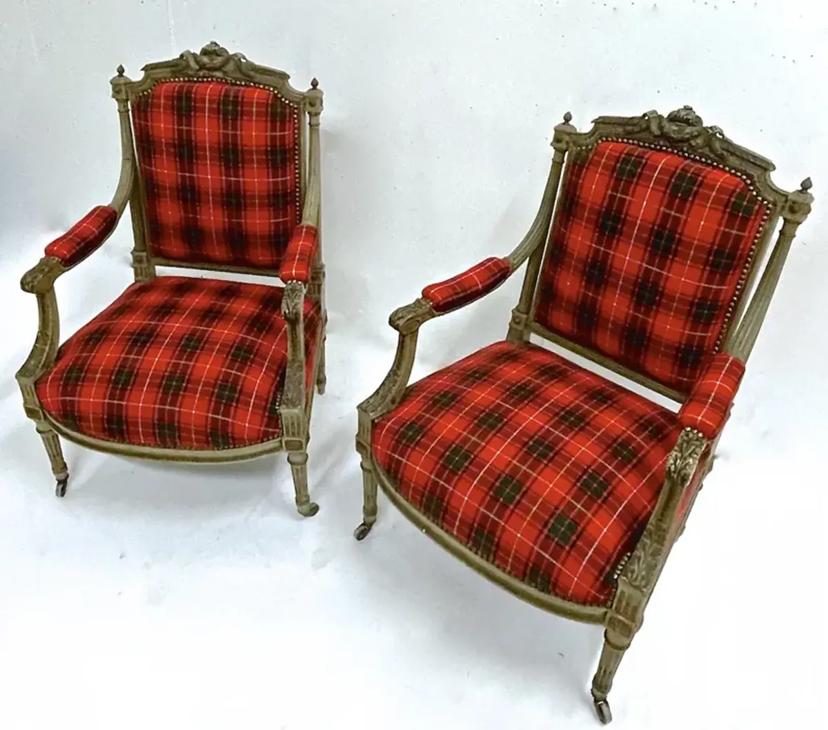 Antique Carved Red Tartan Armchairs - PR - Vermilion Designs