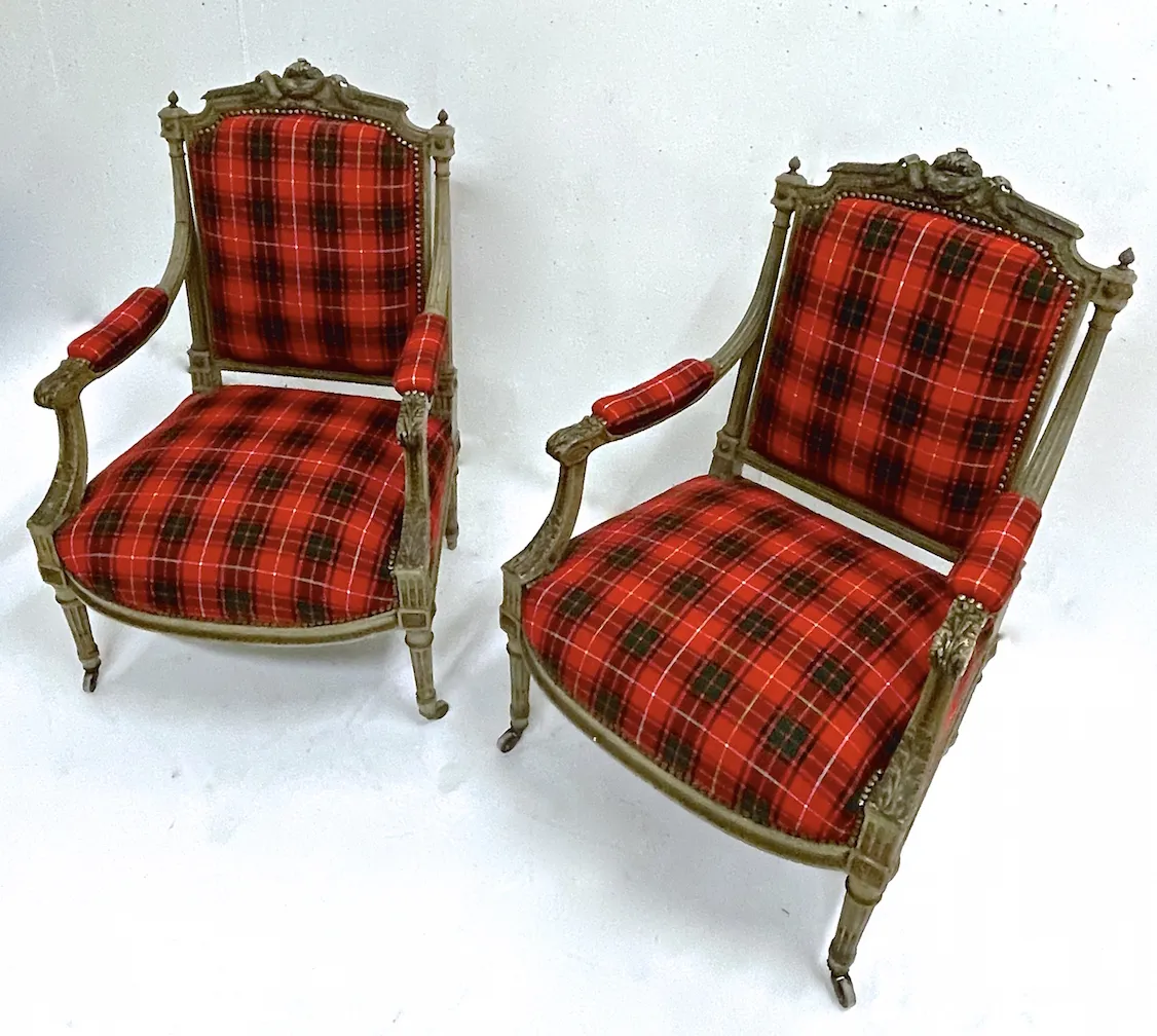 Antique Carved Red Tartan Armchairs - PR - Vermilion Designs