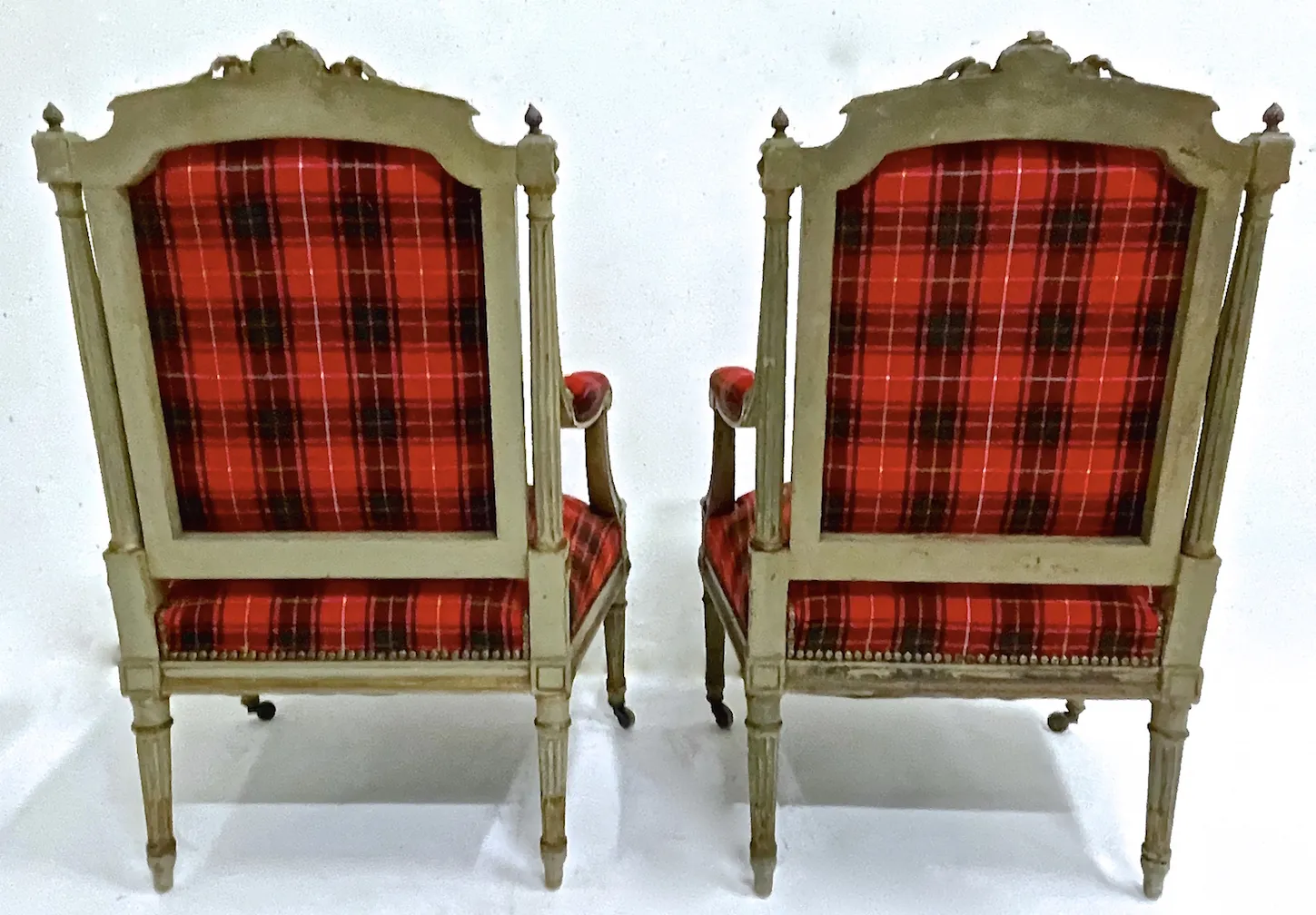 Antique Carved Red Tartan Armchairs - PR - Vermilion Designs