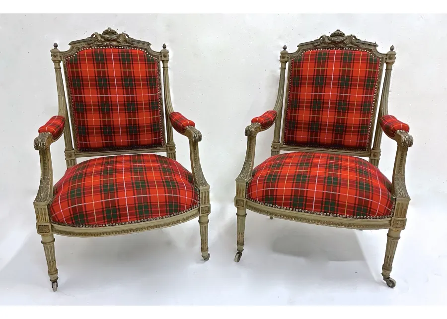 Antique Carved Red Tartan Armchairs - PR - Vermilion Designs