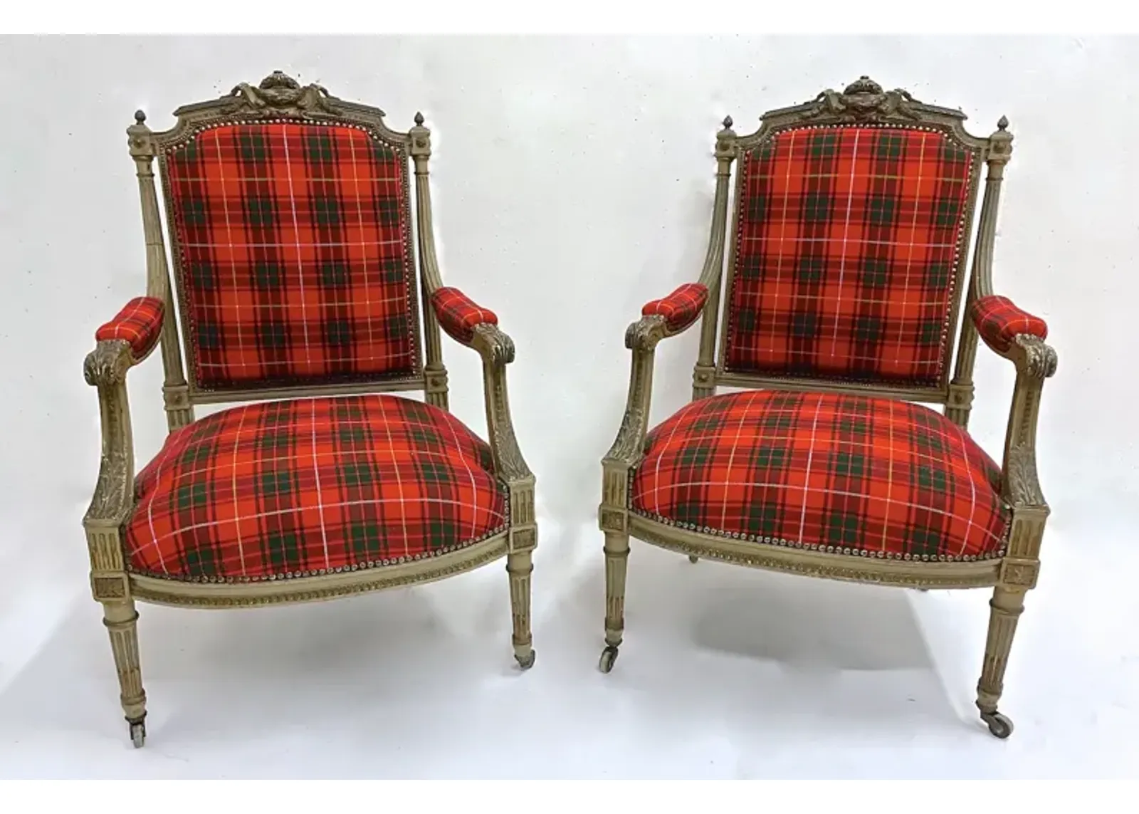 Antique Carved Red Tartan Armchairs - PR - Vermilion Designs