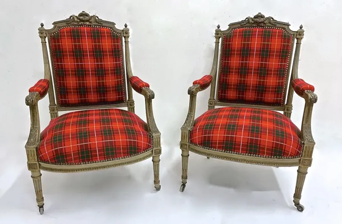 Antique Carved Red Tartan Armchairs - PR - Vermilion Designs