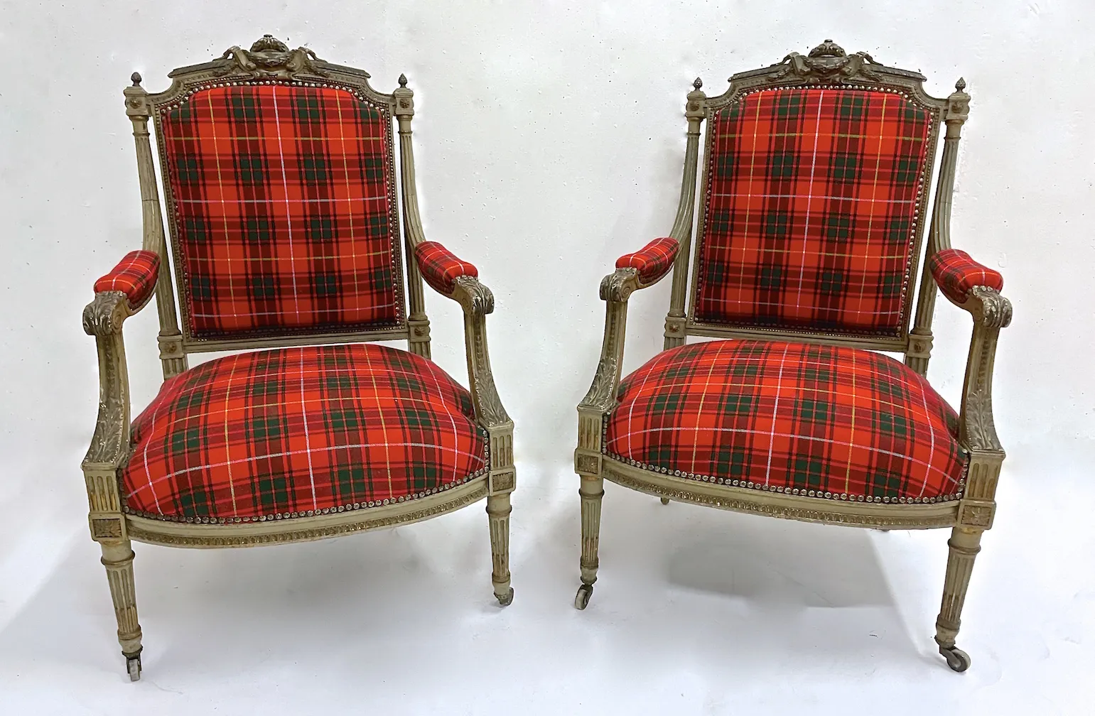 Antique Carved Red Tartan Armchairs - PR - Vermilion Designs