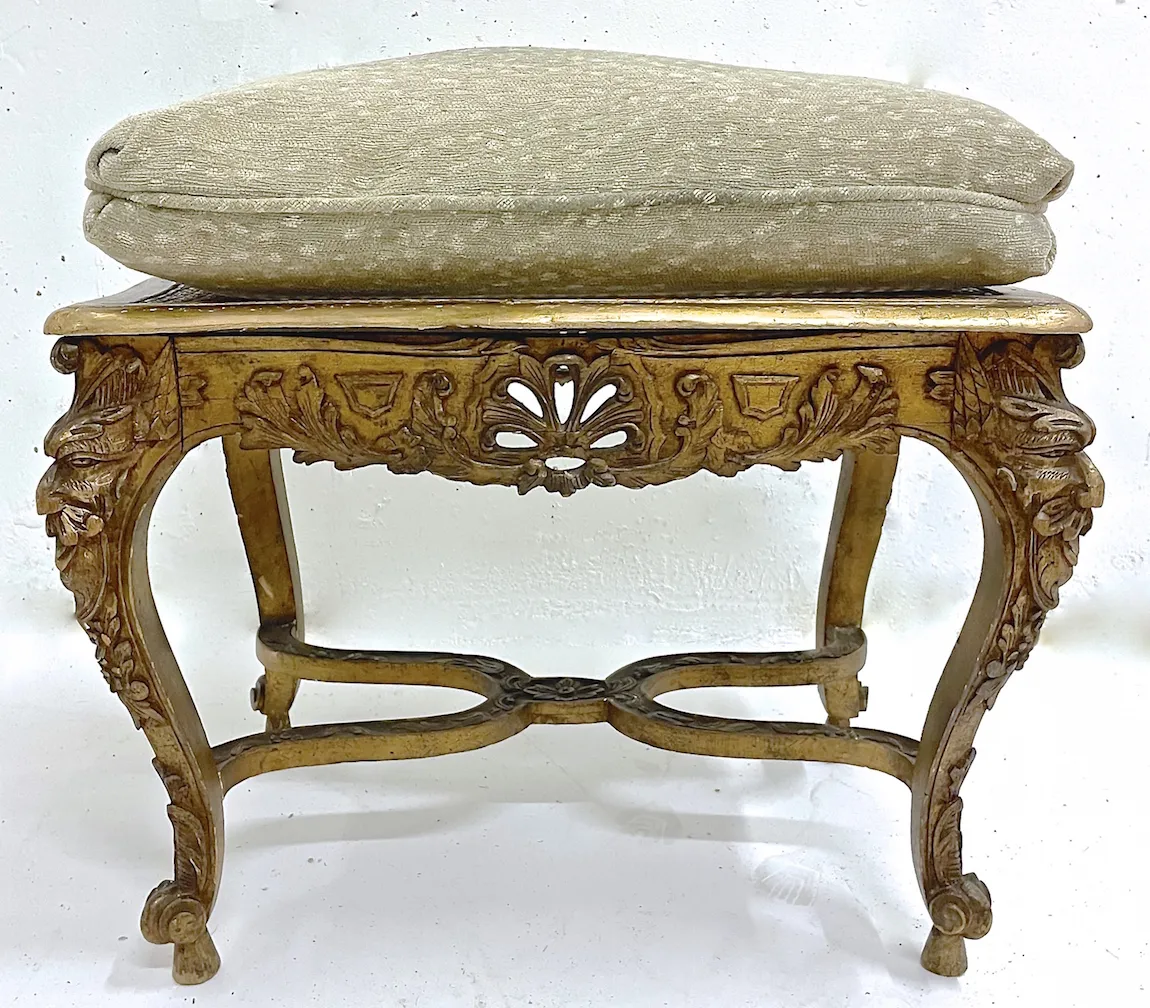 Antique French Caned & Carved Gilt Bench - Vermilion Designs - Brown