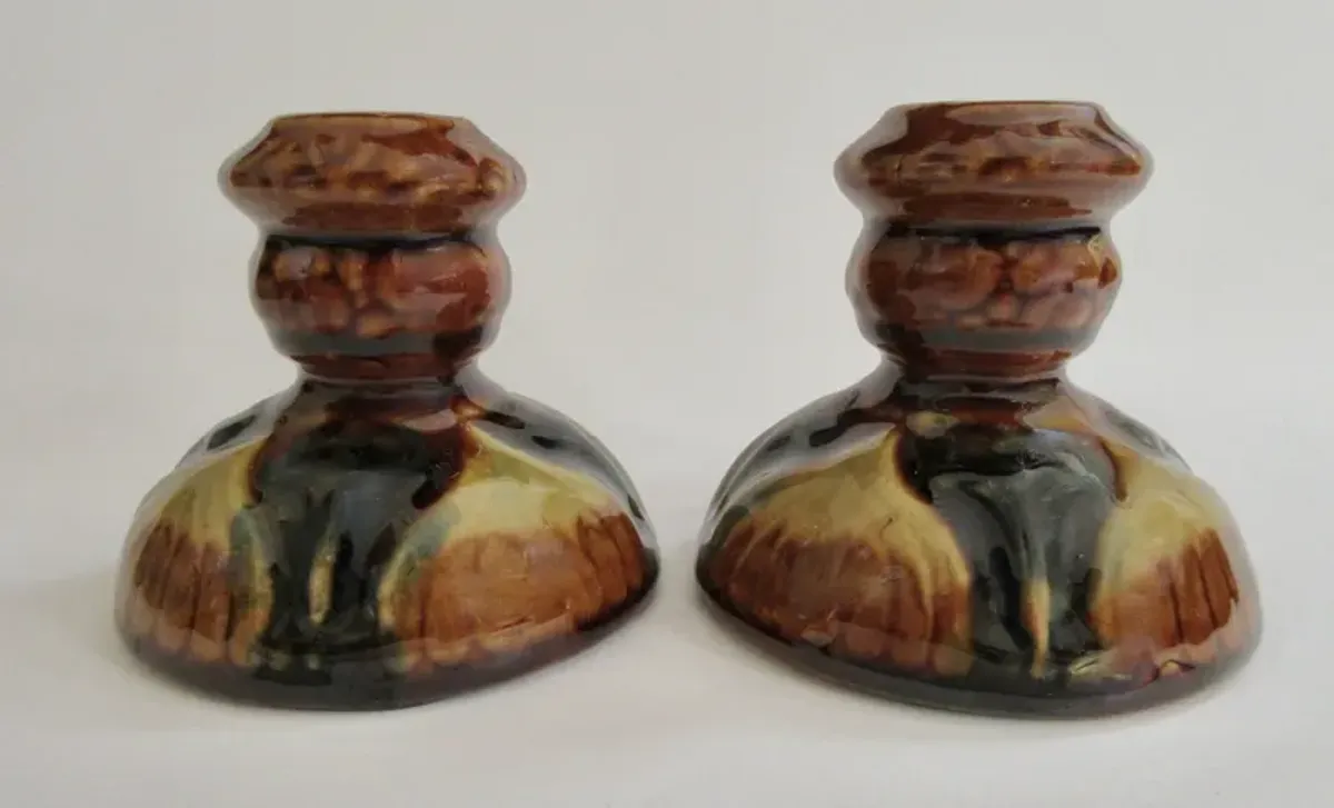 1940s McCoy Majolica Candlesticks Pair - The Emporium Ltd. - Brown