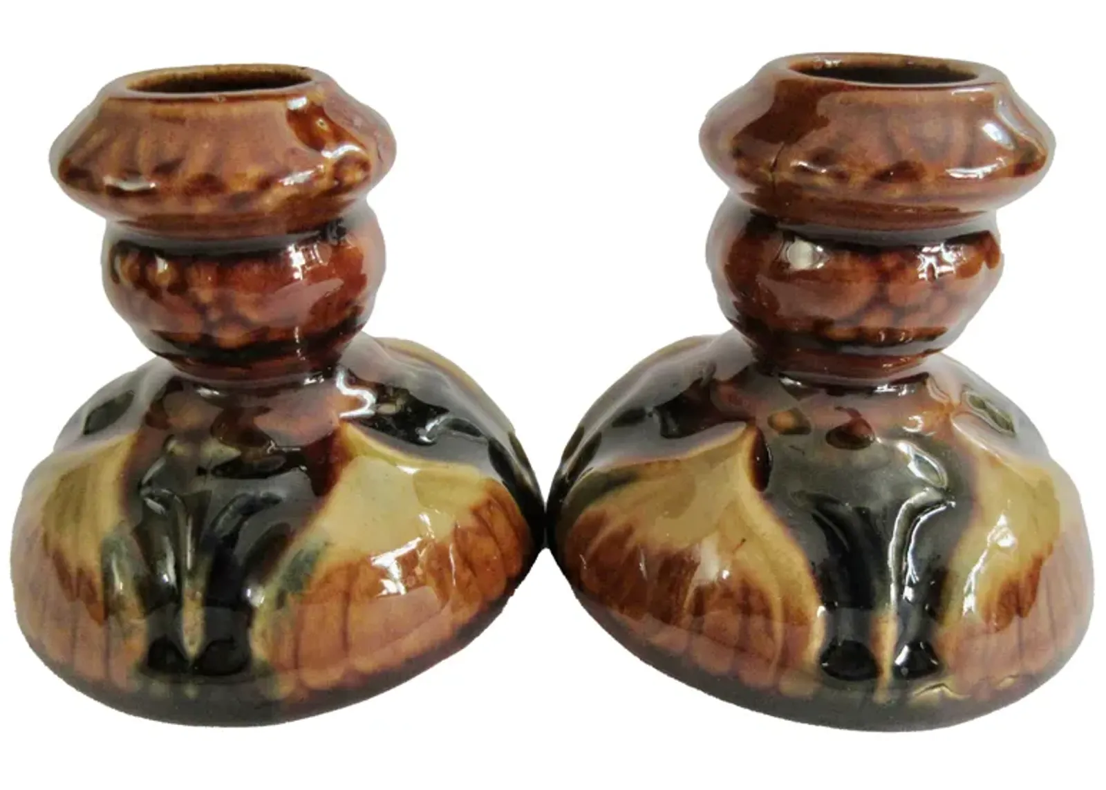 1940s McCoy Majolica Candlesticks Pair - The Emporium Ltd. - Brown