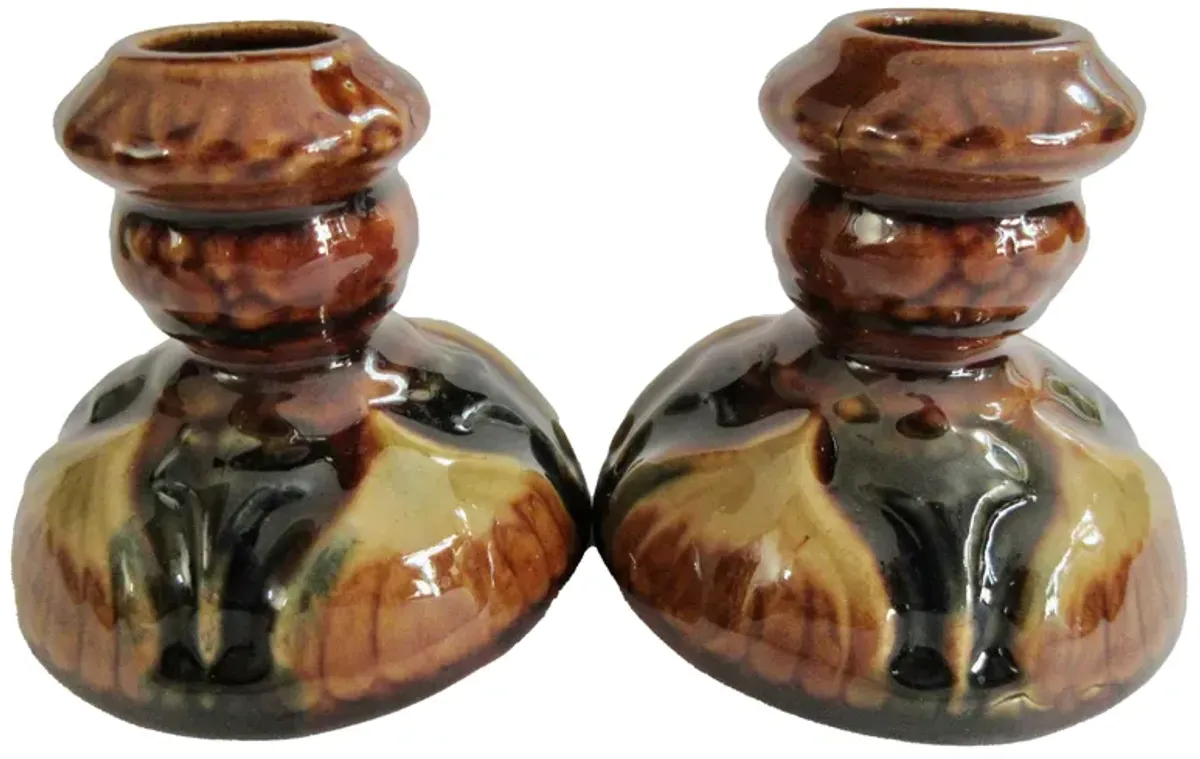 1940s McCoy Majolica Candlesticks Pair - The Emporium Ltd. - Brown