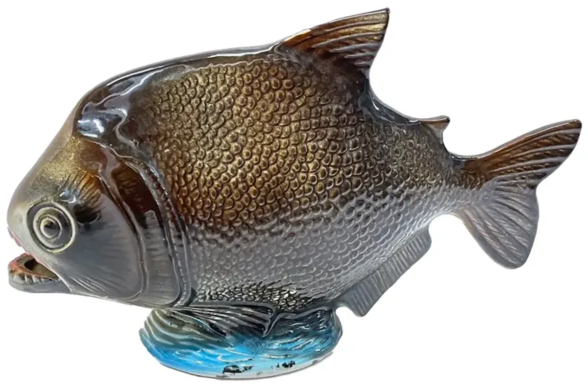 Majolica Style Piranha Sculpture - Vermilion Designs - Brown