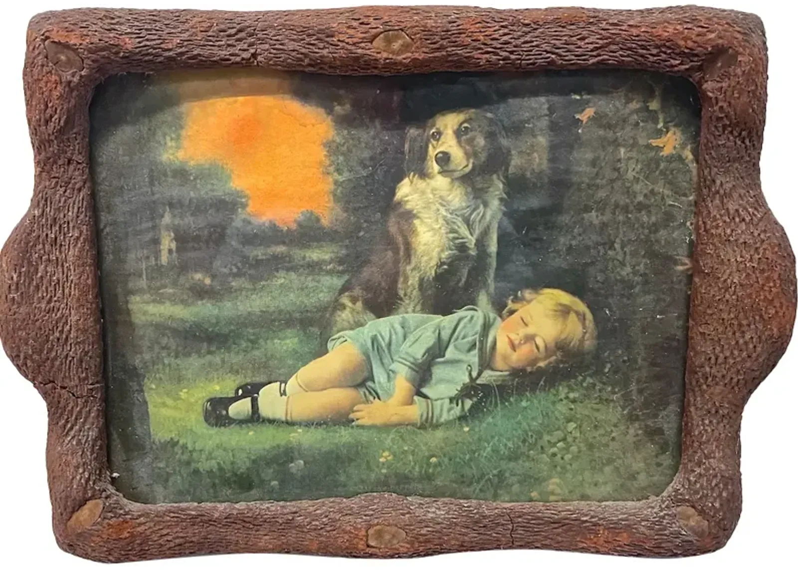 Antique Little Girl & Dog Framed Print - Vermilion Designs - Brown