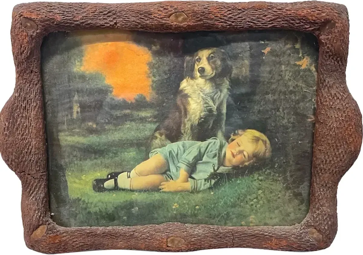 Antique Little Girl & Dog Framed Print - Vermilion Designs - Brown