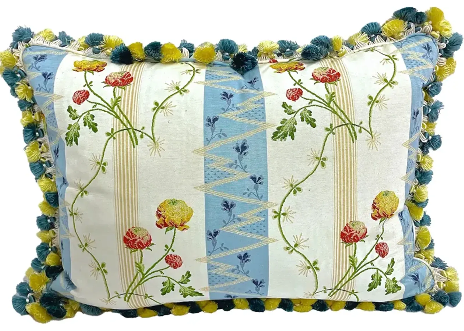 Floral Lampas Pillow With Fringe - Vermilion Designs