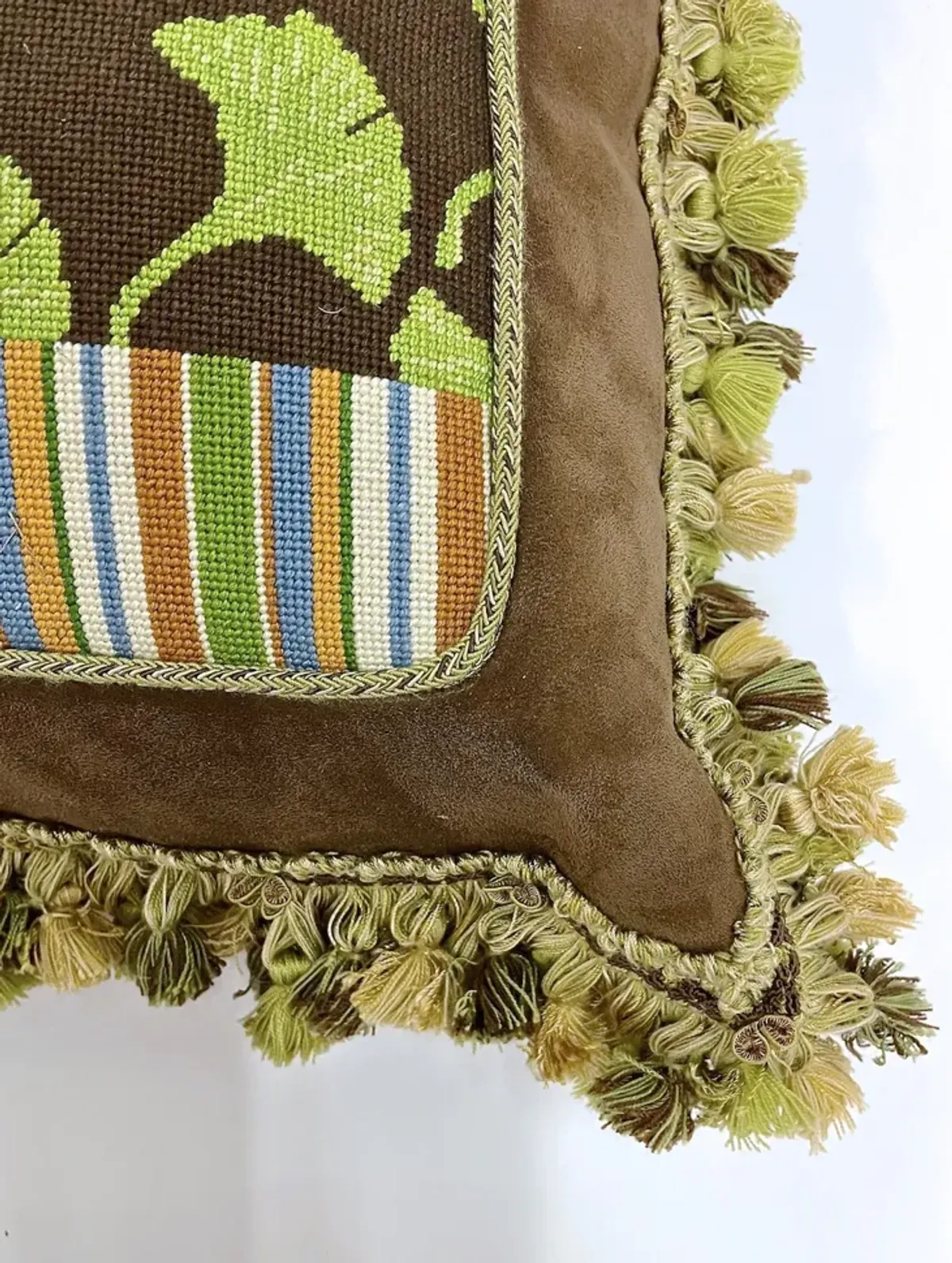 Leaf Needlepoint & Fringe Pillow - Vermilion Designs