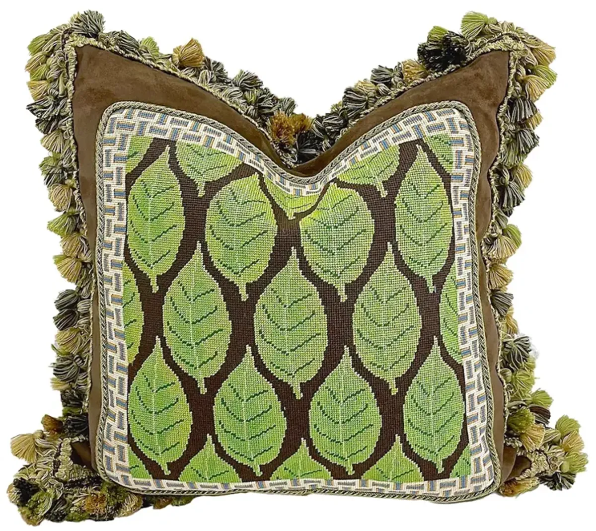 Leaf Pattern Needlepoint & Fringe Pillow - Vermilion Designs