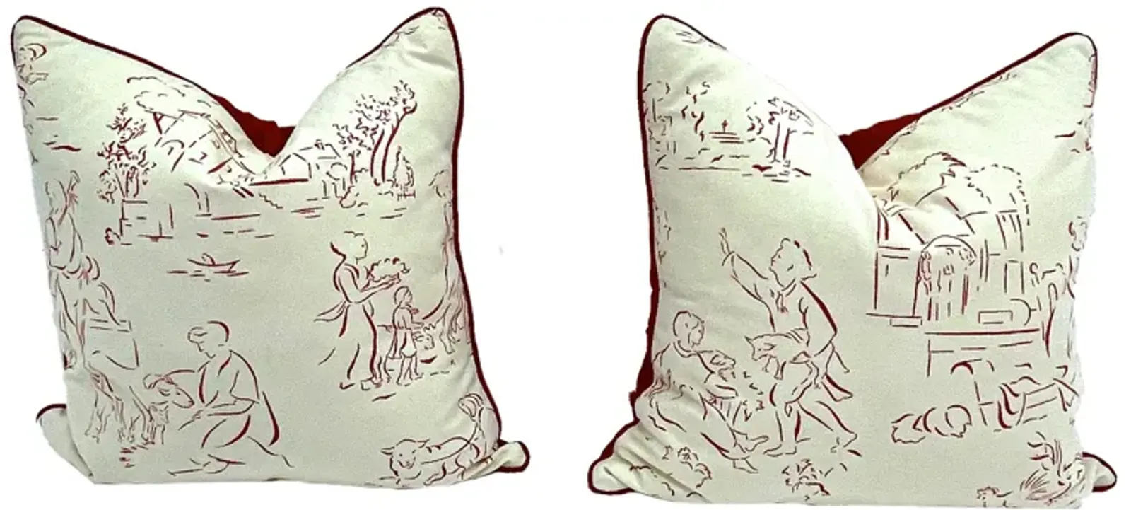 Red & White Scenic Toile Pillows - PR - Vermilion Designs