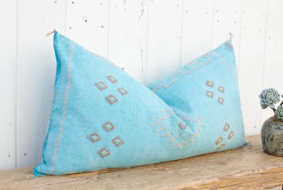 Aqua Lumbar Moroccan Silk Rug Pillow - de-cor