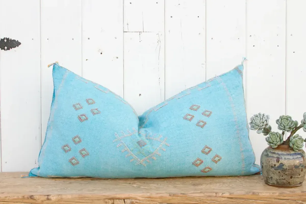 Aqua Lumbar Moroccan Silk Rug Pillow - de-cor