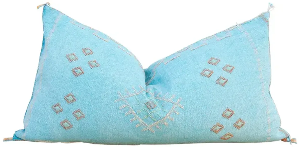 Aqua Lumbar Moroccan Silk Rug Pillow - de-cor