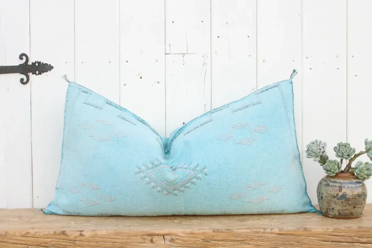 Sky Blue Lumbar Moroccan Silk Rug Pillow - de-cor