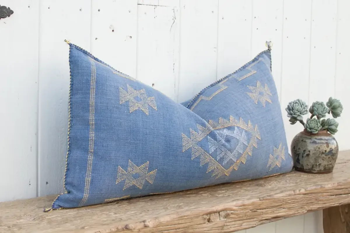 French Blue Lumbar Moroccan Silk Pillow - de-cor