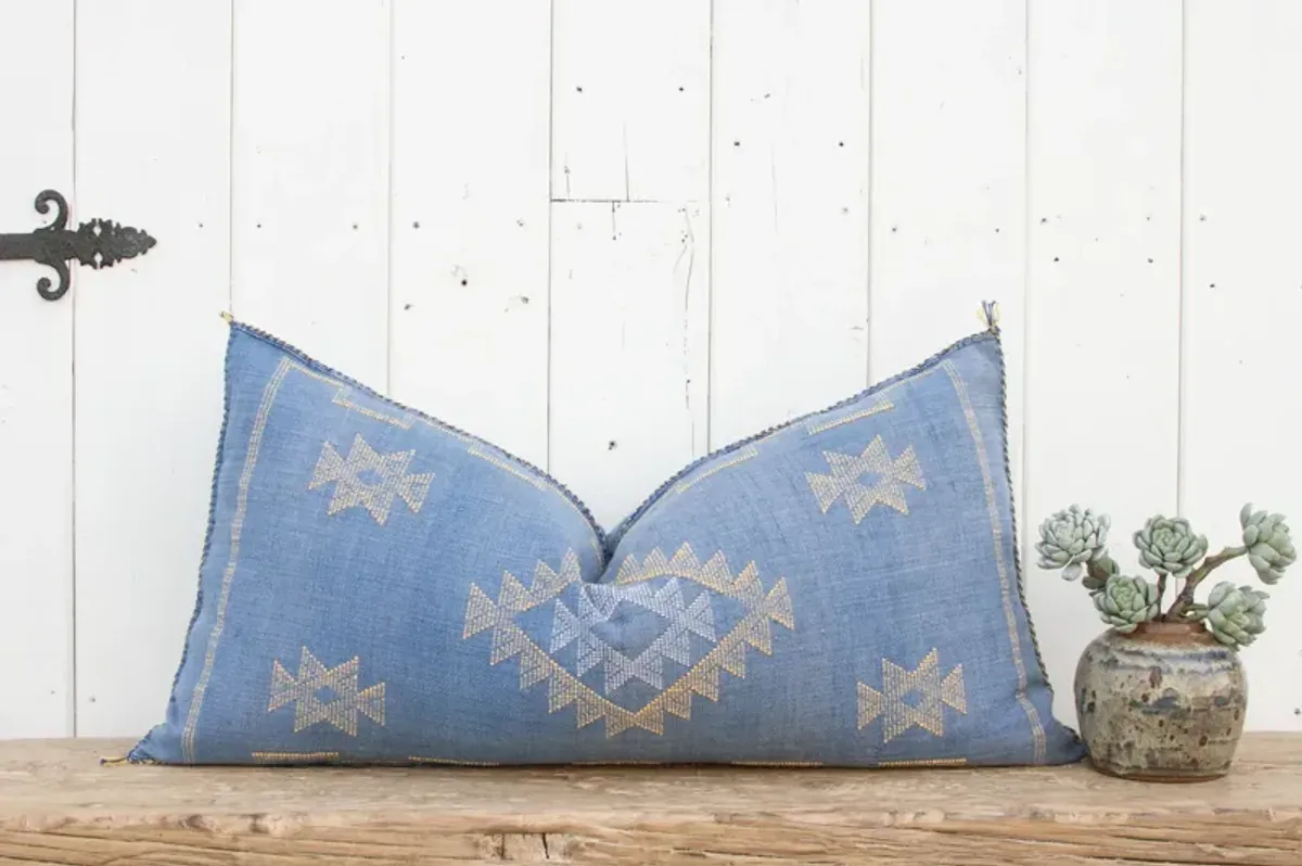 French Blue Lumbar Moroccan Silk Pillow - de-cor