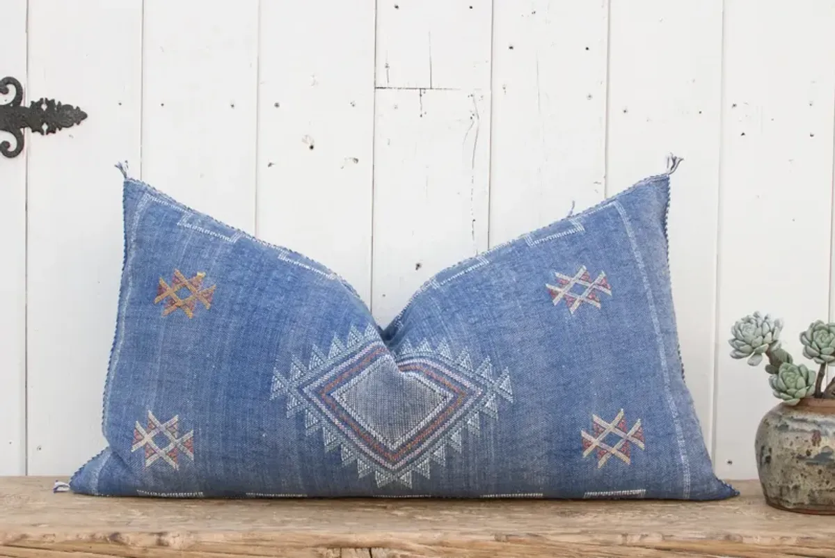 Blue Long Lumbar Moroccan Silk Pillow - de-cor