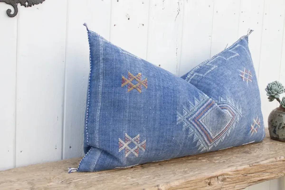 Blue Long Lumbar Moroccan Silk Pillow - de-cor