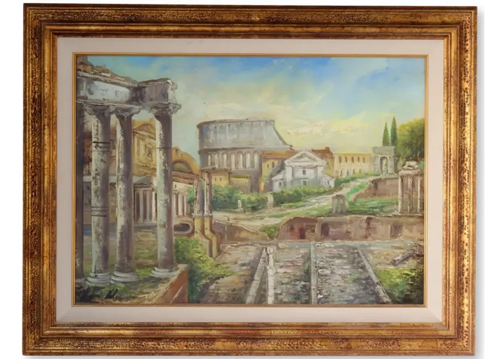 Midcentury Oil on Canvas Roman Forum - Rose Victoria - Gold