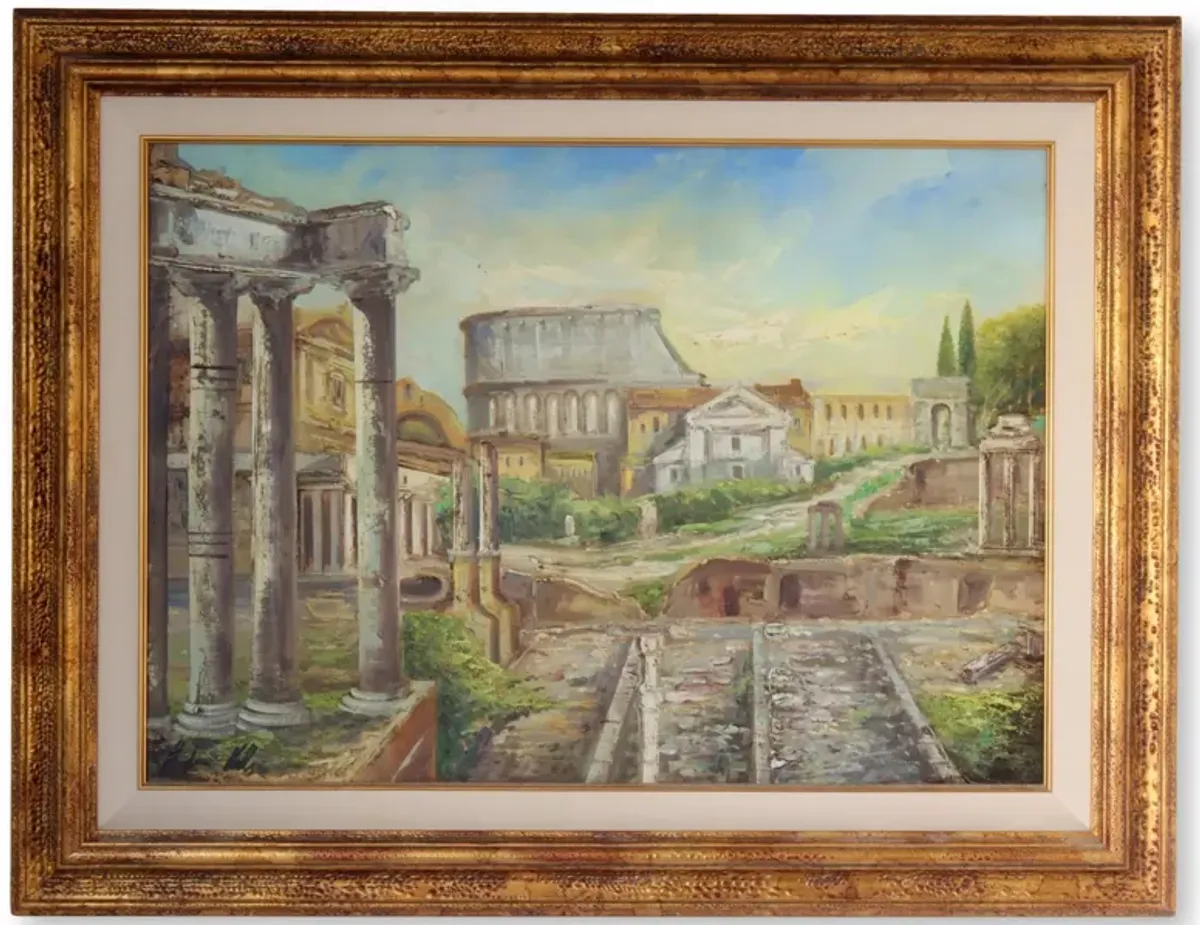 Midcentury Oil on Canvas Roman Forum - Rose Victoria - Gold