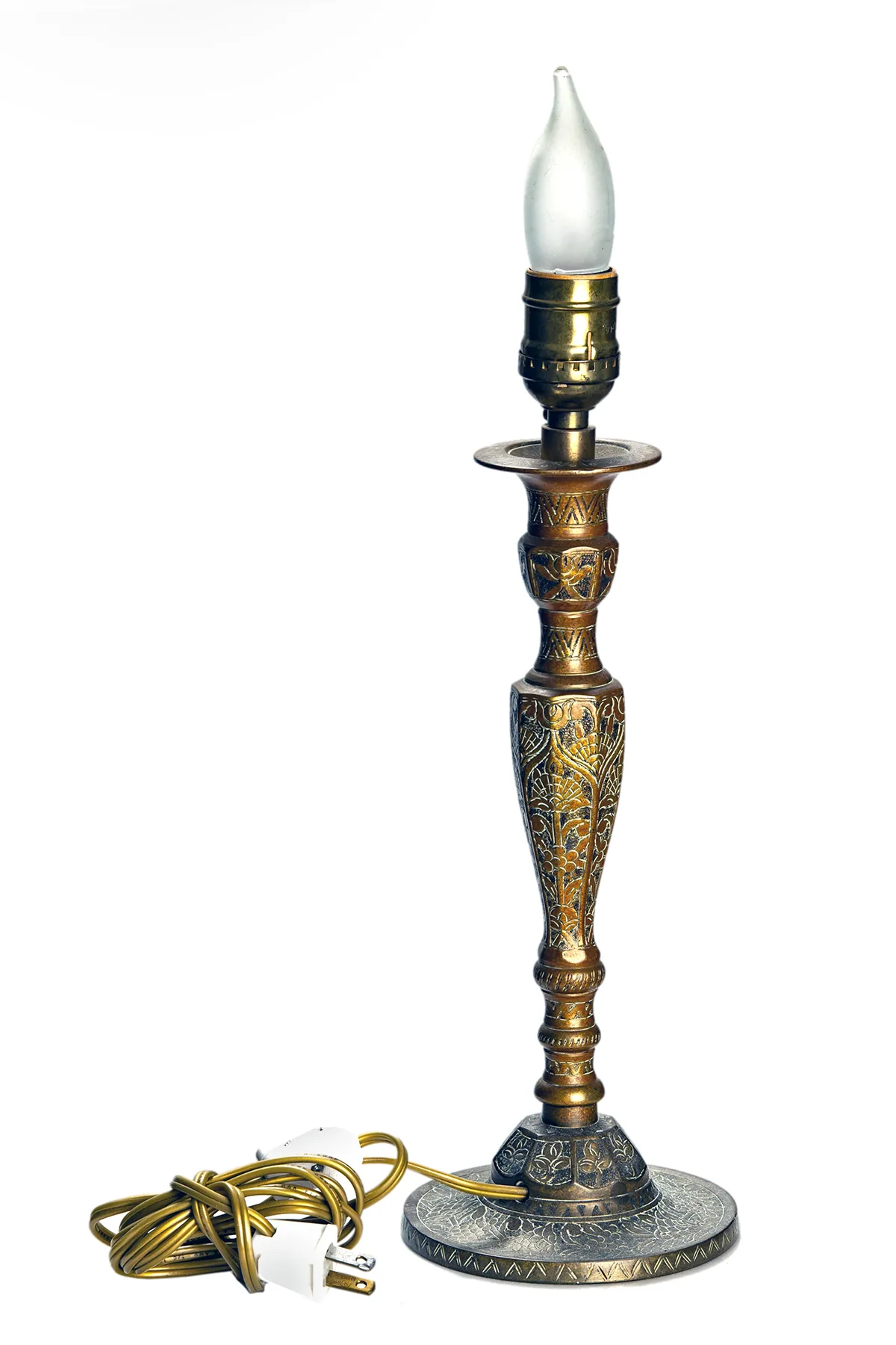 Engraved Brass Candlestick Lamp/Silk - Fleur de Lex Antiques - Gold