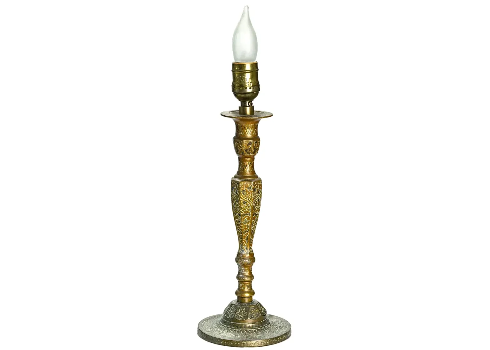 Engraved Brass Candlestick Lamp/Silk - Fleur de Lex Antiques - Gold