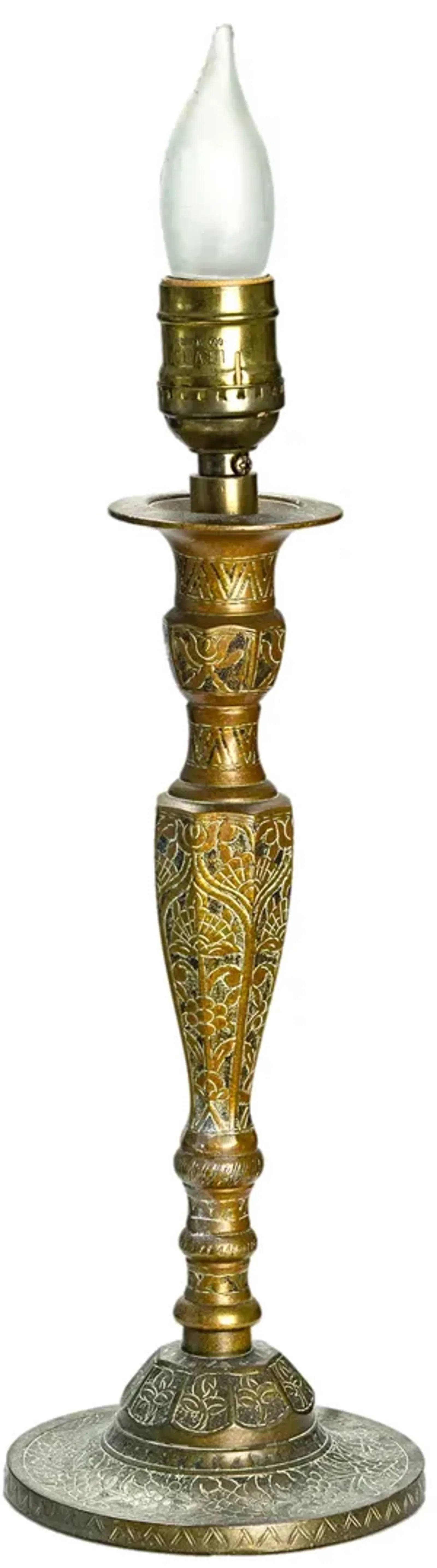 Engraved Brass Candlestick Lamp/Silk - Fleur de Lex Antiques - Gold