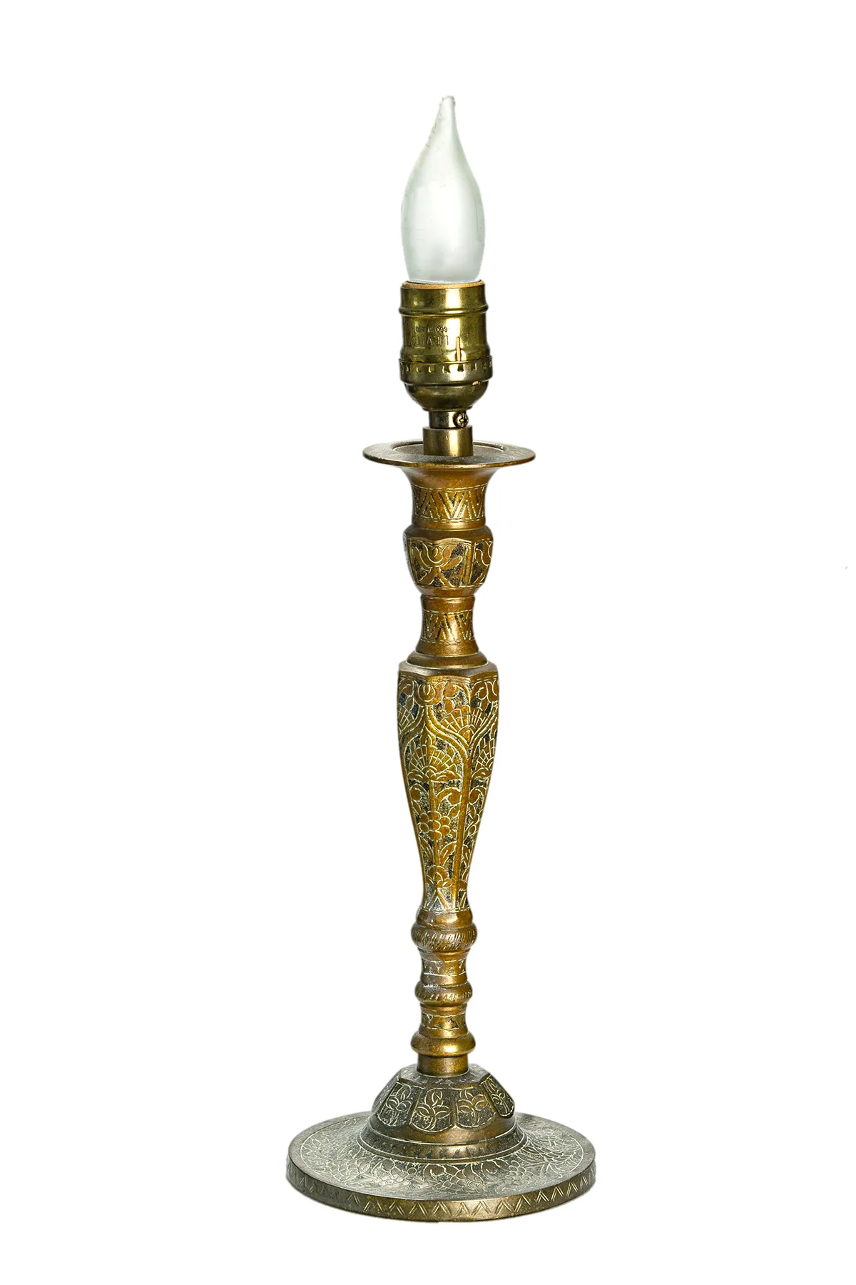 Engraved Brass Candlestick Lamp/Silk - Fleur de Lex Antiques - Gold