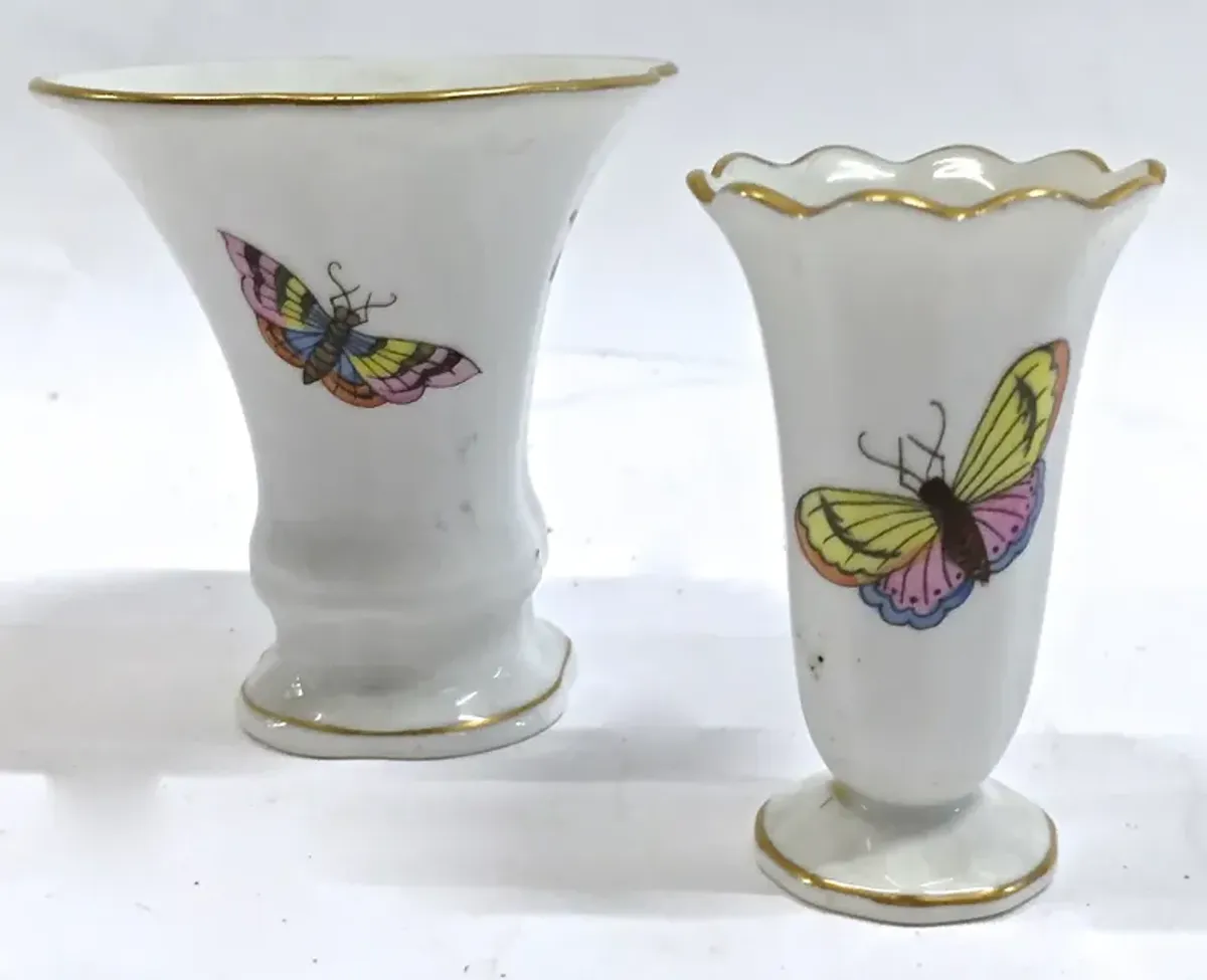 Herend Wild Bird/Butterfly Bud Vases - PR - Vermilion Designs - White