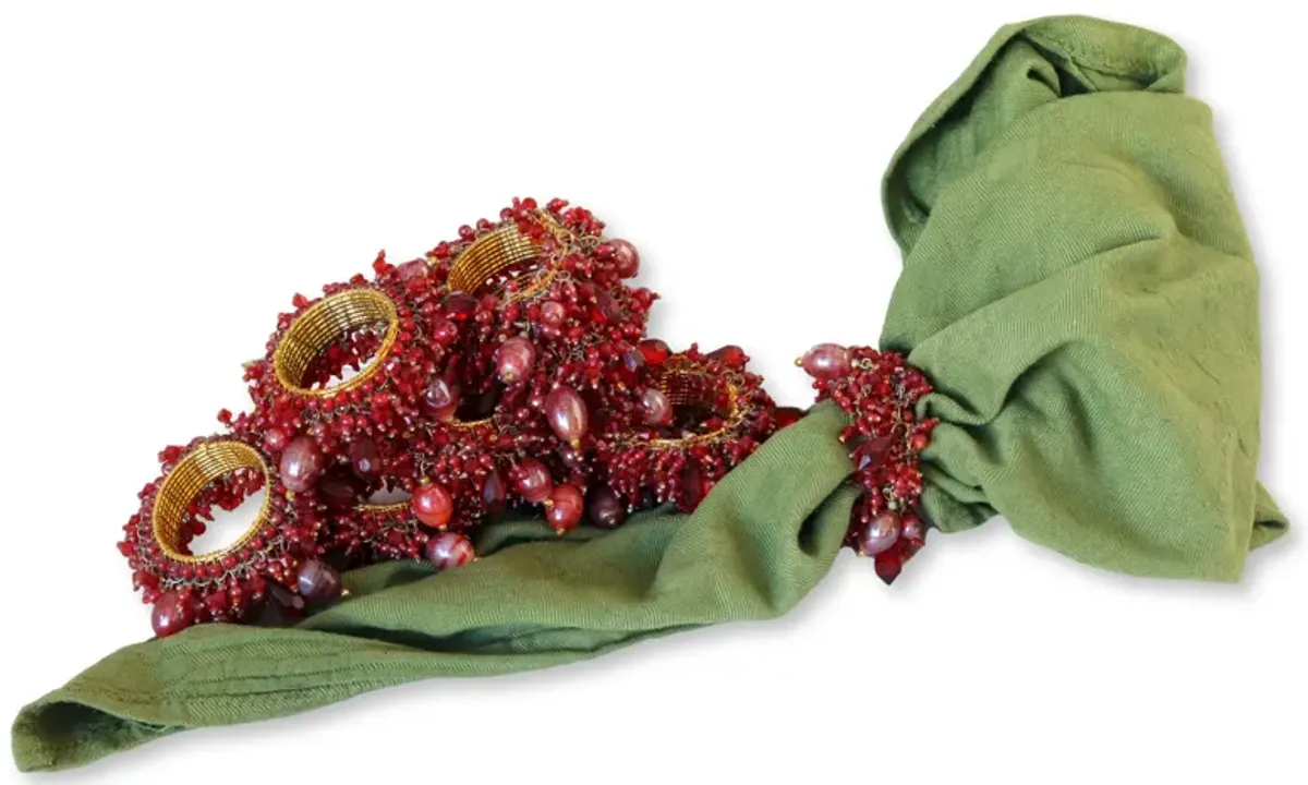 Holiday Napkin Rings w/Blass Beads - Set of 10 - Rose Victoria - Red