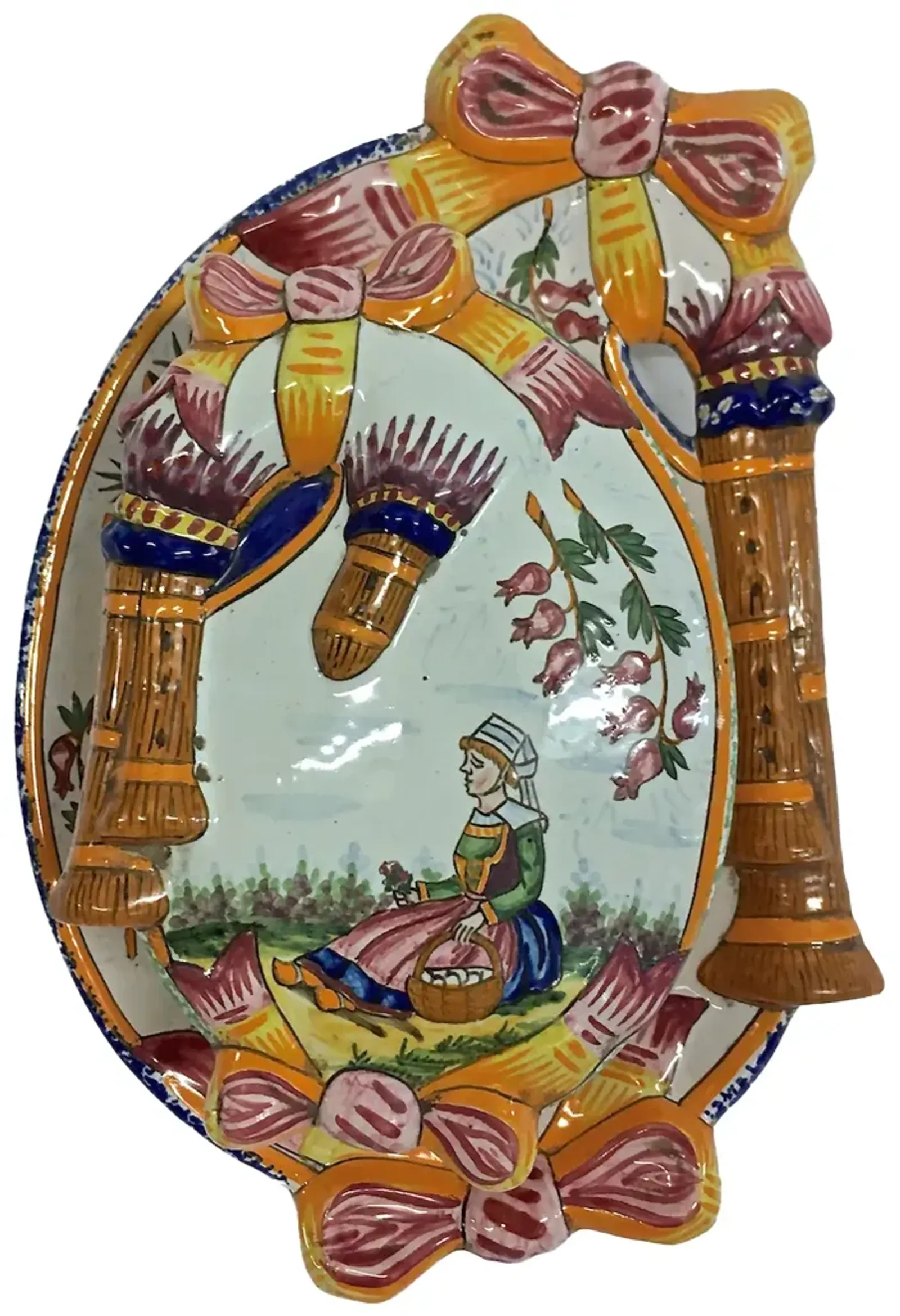 French Quimper Maiden & Bagpipe Box - Vermilion Designs - Orange