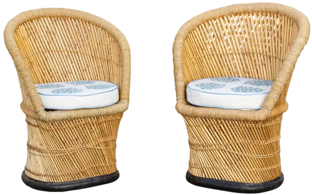 Pair of Cane & Jute Indian Outdoor Club Chairs - de-cor