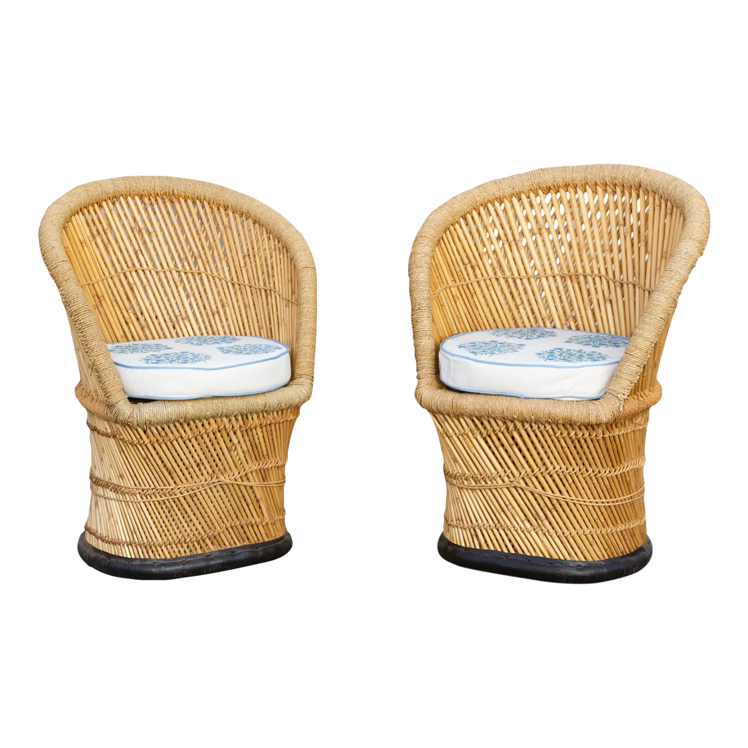 Pair of Cane & Jute Indian Outdoor Club Chairs - de-cor
