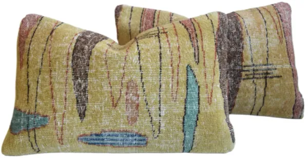 Turkish Wool Carpet Rug Pillows, Pair