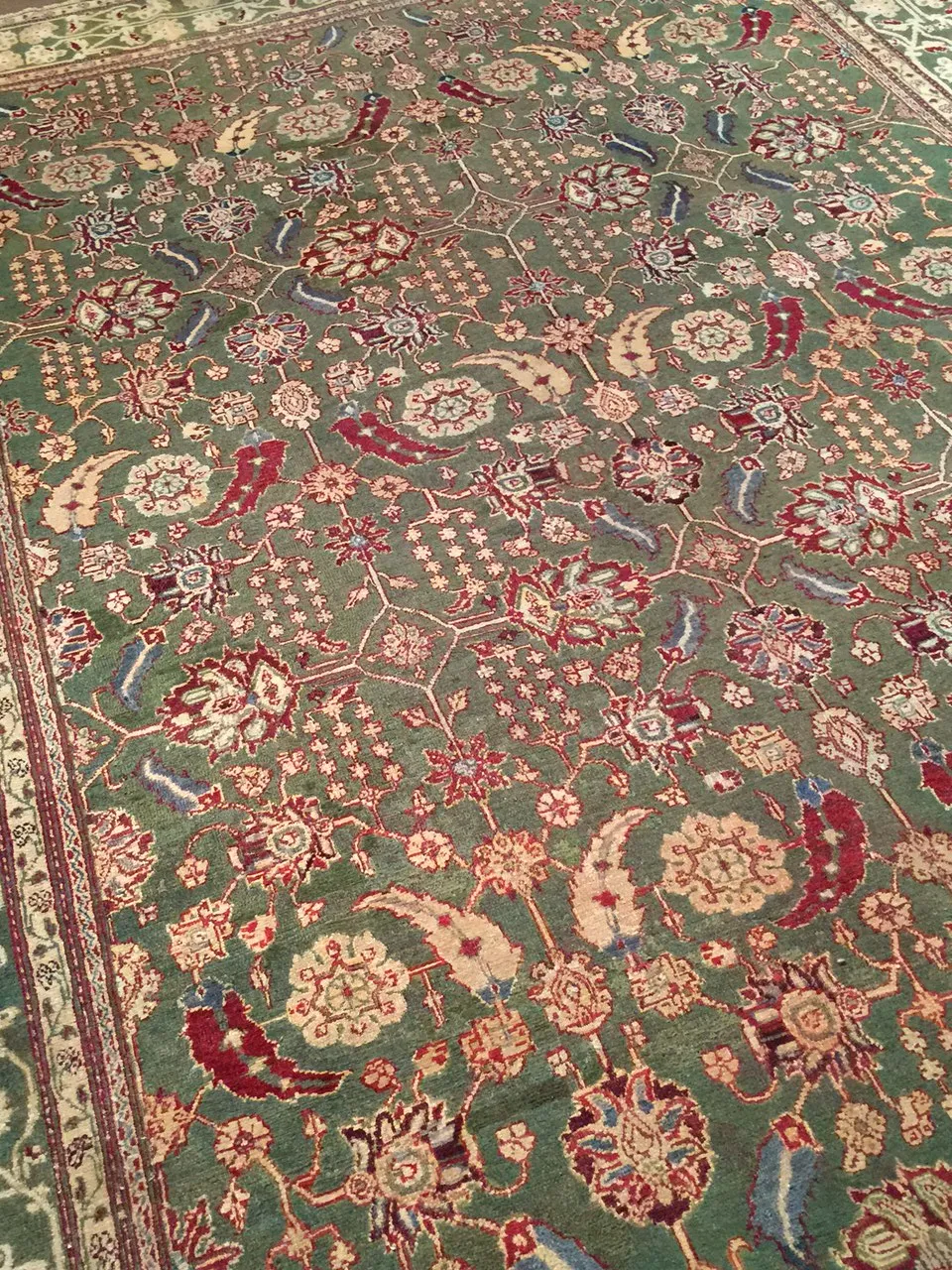 Antique Indian Agra Rug 8'10 X 11'6 - Green - Green