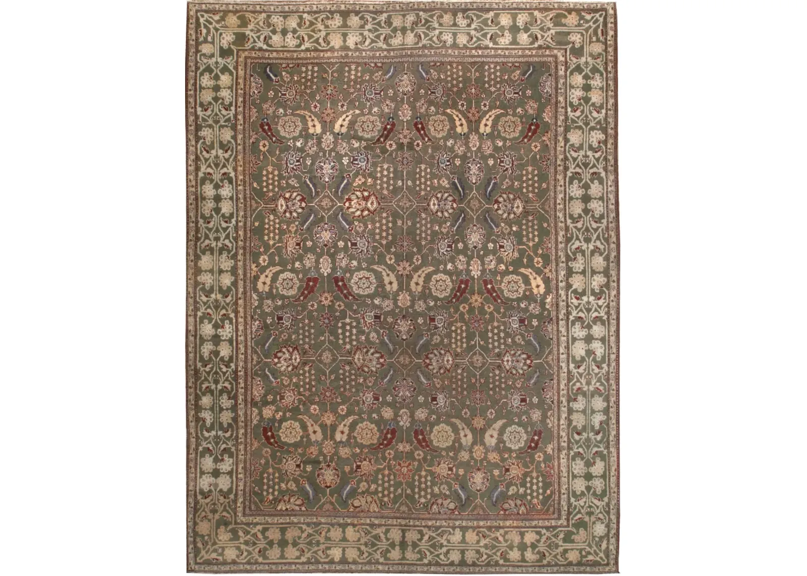 Antique Indian Agra Rug 8'10 X 11'6 - Green - Green