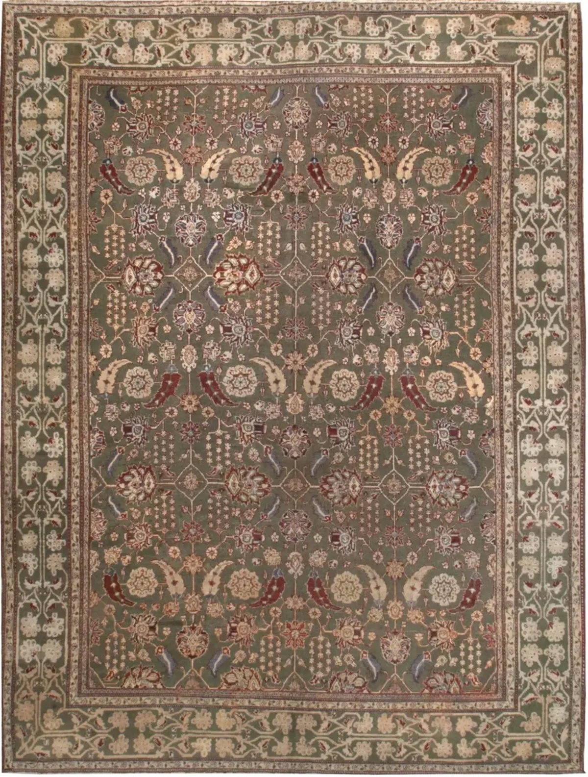 Antique Indian Agra Rug 8'10 X 11'6 - Green - Green