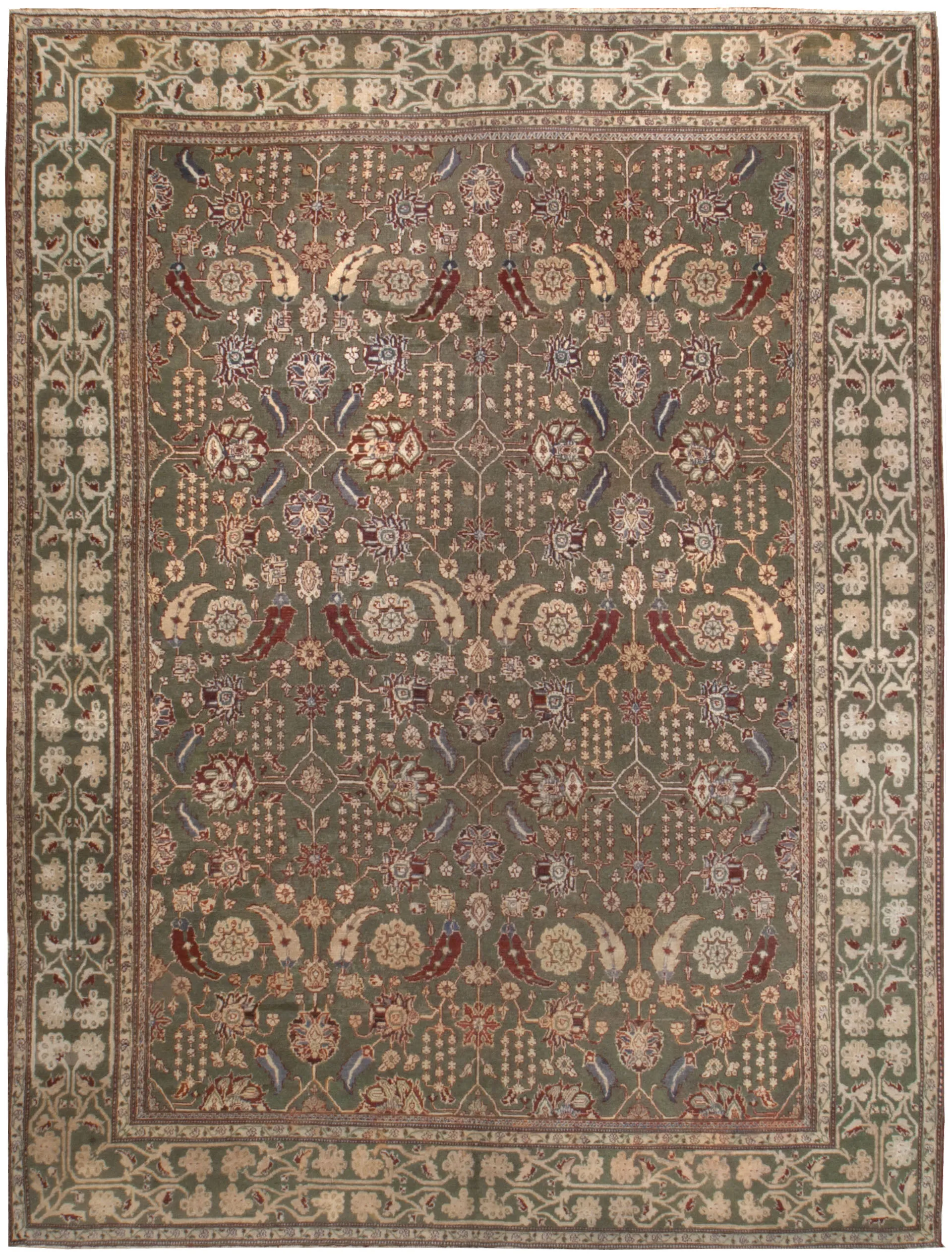 Antique Indian Agra Rug 8'10 X 11'6 - Green - Green