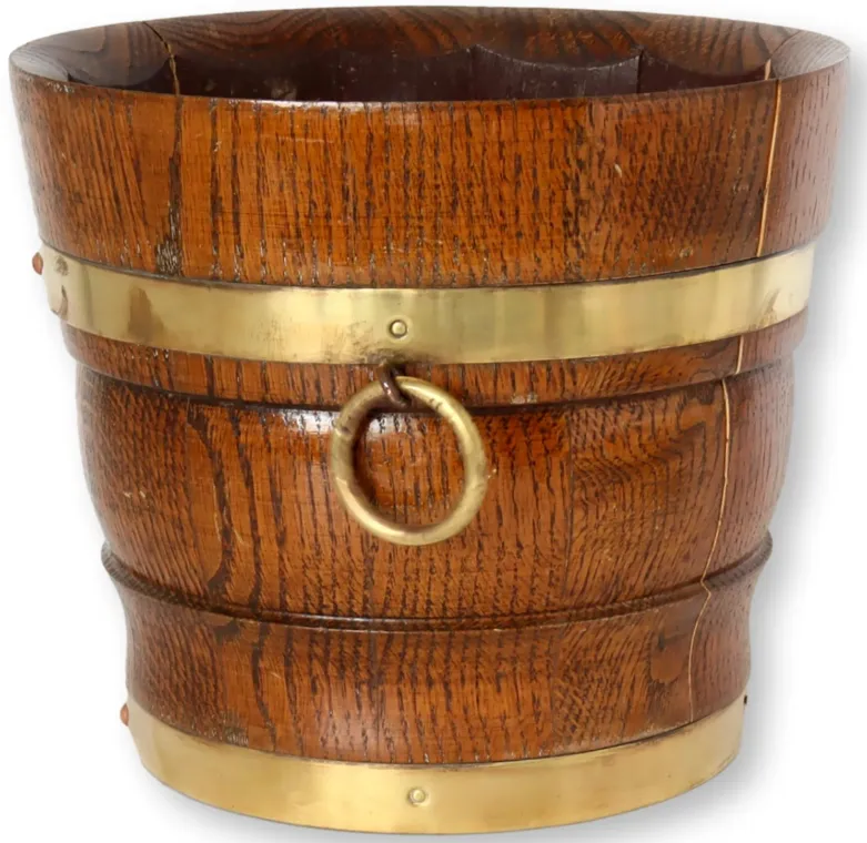 English Banded Oak Bucket/Planter - Rose Victoria - Brown - 9" W x 7.75" H