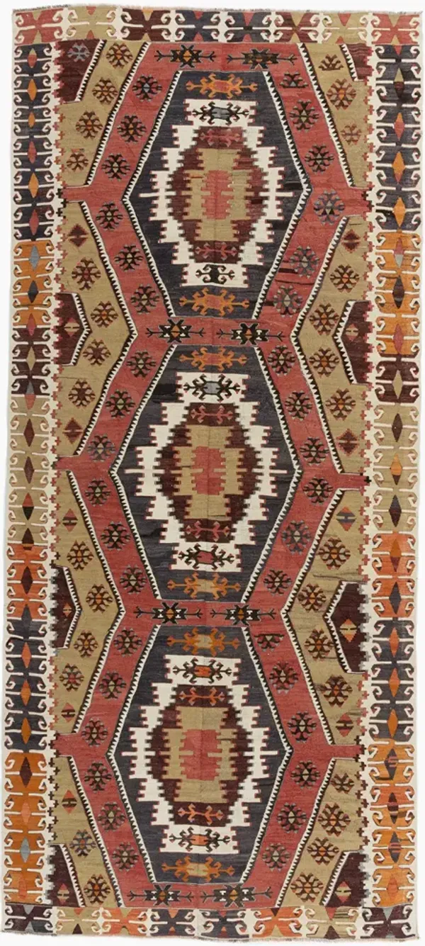 Turkish Kilim Rug 4'11 X 11'9 - Red - Red