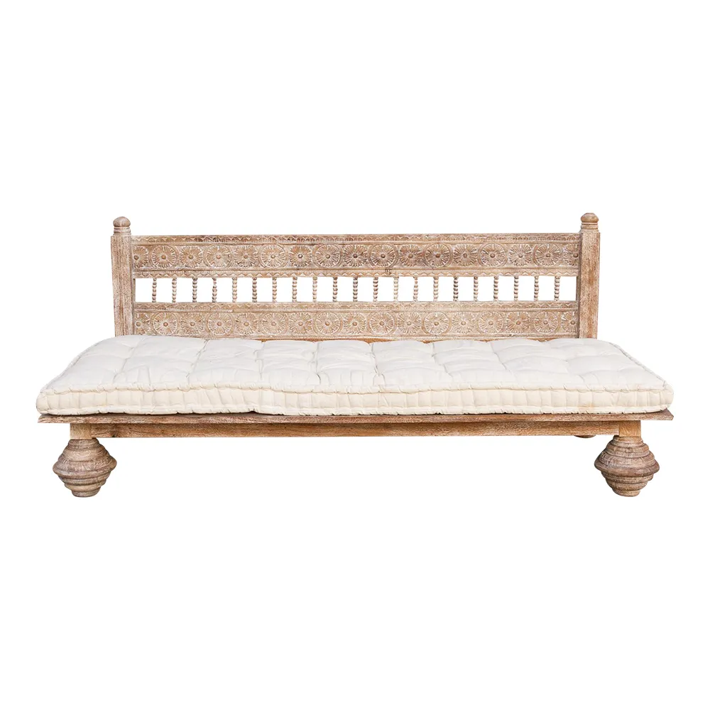 Whitewash Gulab Floral Carved Daybed - de-cor - Brown - Comfortable, Sturdy