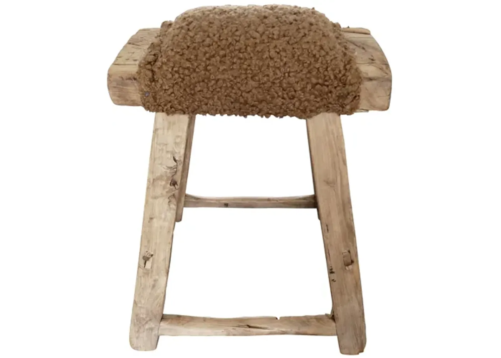 Vintage Shandong Elm Stool with Shearling - Brown