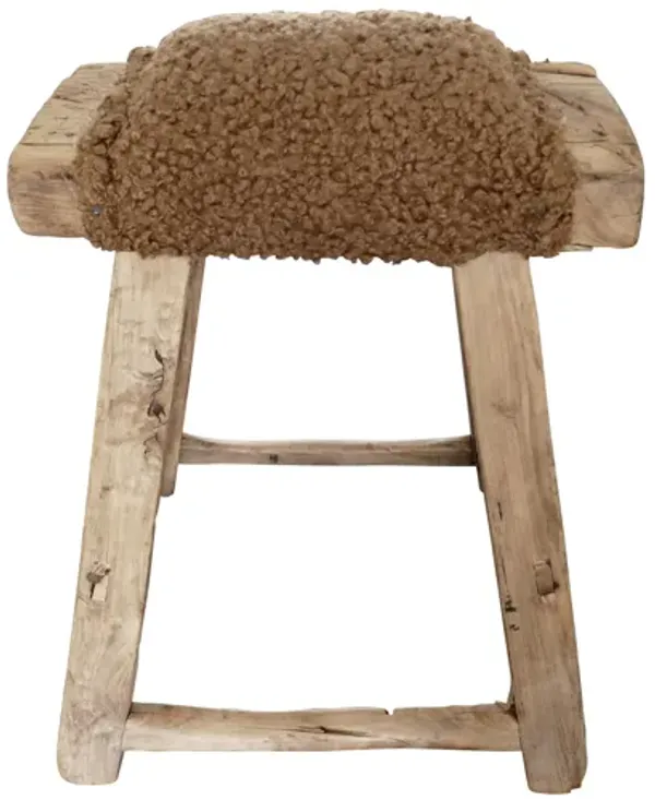 Vintage Shandong Elm Stool with Shearling - Brown